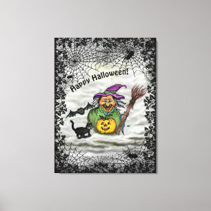 Toile Sorcière, Chat, Chauve-souris et Citrouille, Bonne