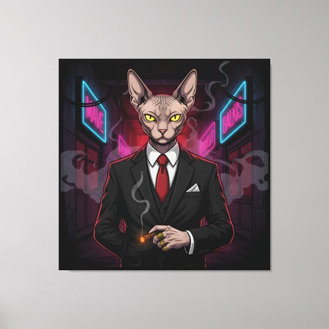 Toile Sphynx Mafia Cat in Neon Noir Style (Recto)