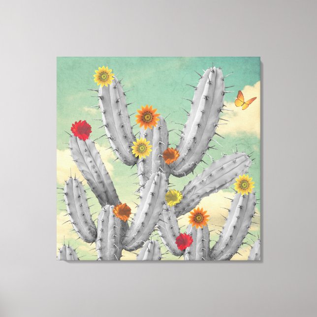 Toile Spiky Cactus Flowers Collage Art (Recto)