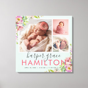 Toile Spring Garden Baby Girl Birth Stats Photo Collage