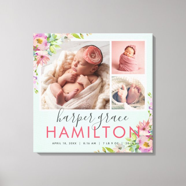 Toile Spring Garden Baby Girl Birth Stats Photo Collage (Recto)