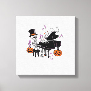 Toile Squelette effrayant jouant du piano avec des chats