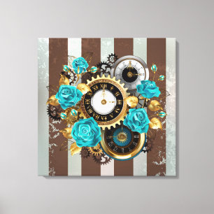 Toile Steampunk Clock and Turquoise Roses on Striped