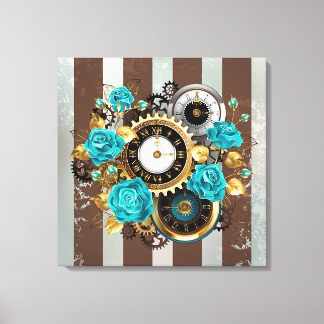 Toile Steampunk Clock and Turquoise Roses on Striped (Recto)