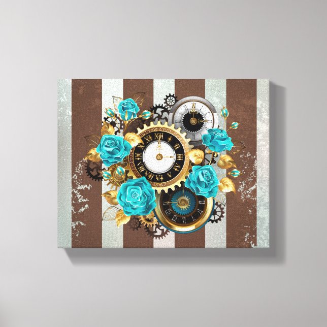 Toile Steampunk Clock and Turquoise Roses on Striped (Recto)