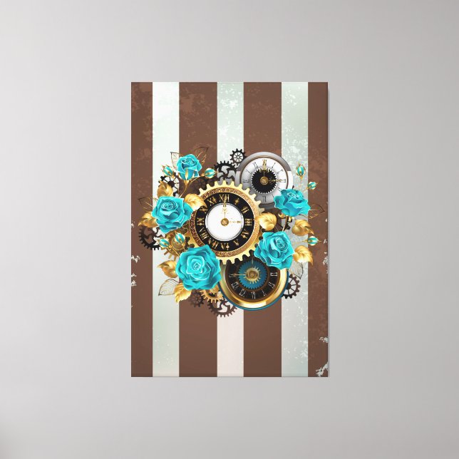 Toile Steampunk Clock and Turquoise Roses on Striped (Recto)