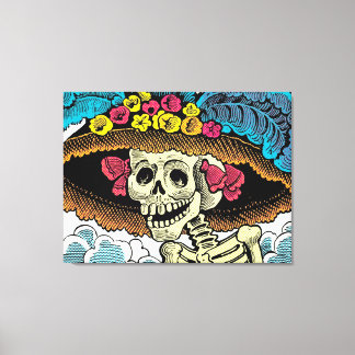 Toile Sugar Skull Lady in Floral Sun Hat Pop Art Graphic