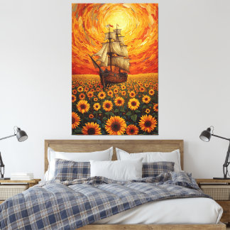 Toile  Sunlit Sunflower Sea - Whimsical Sailing Ship Fan