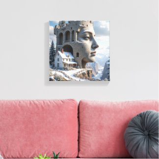 Toile Surreal Castle Face dans les montagnes neigeuses -