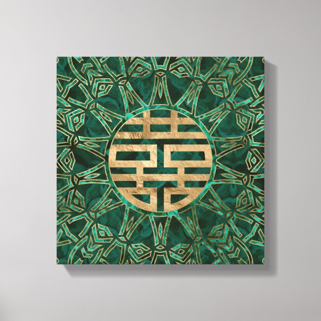 Toile Symbole Double Bonheur Or et Malachite (Recto)