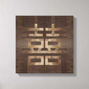 Toile Symbole Double Bonheur Or géométrique sur bois