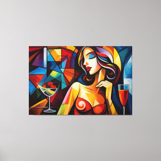 Toile Tableau Abstrait de femme avec verre de fruits
