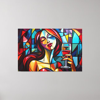 Toile Tableau Abstrait de la femme dégustant du vin sur