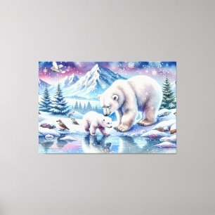 Toile Tableau de scène enneigée de famille d'ours polair