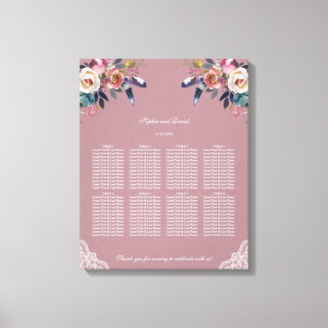 Toile Tableau de sièges à Mariage floral bleu Dusty Rose (Recto)