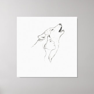 Toile Tapisserie Ligne Minimaliste Loup et Femme | Noir