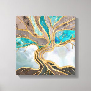 Toile Taupe et marbre turquoise Arbre de vie
