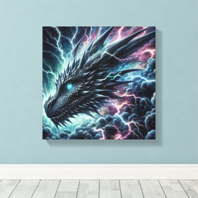Toile Tête de dragon dans un orage avec éclairs (Insitu (Plancher de Bois))