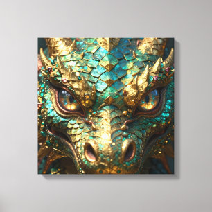 Toile Tête de dragon turquoise et or