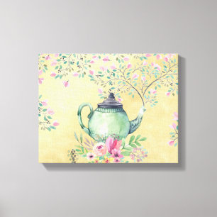 Toile Théière d'aquarelle et or élégants de fleurs