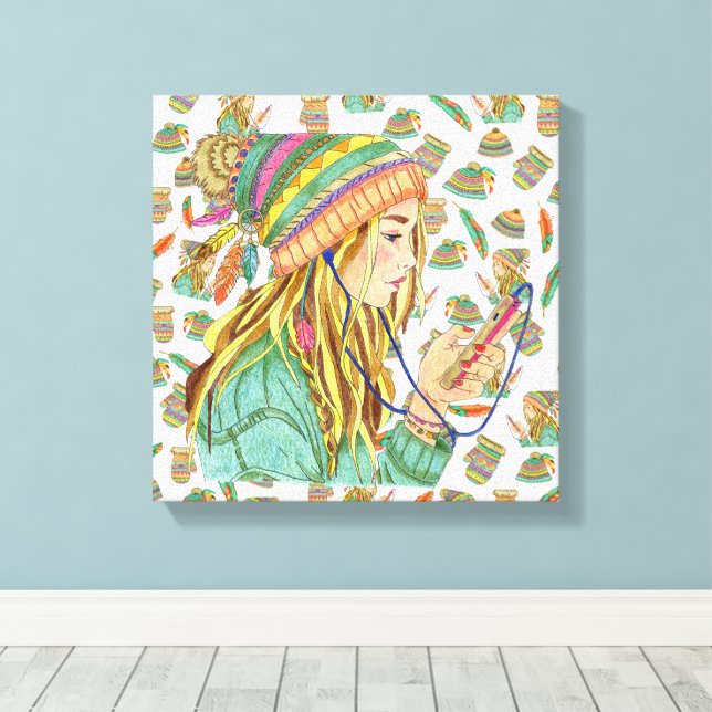 Toile Thème Fille Chapeau Boho (Insitu (Plancher de Bois))