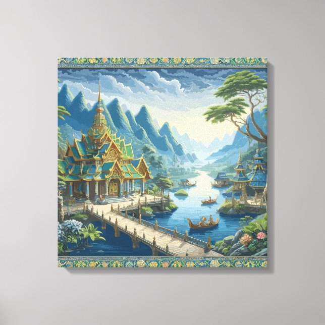Toile Thibaut Asiatique Pittoresque bleu et vert Décor (Recto)