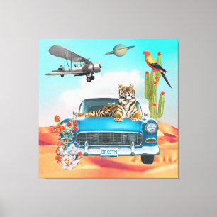 Toile Tiger Retro Car Desert Cactus Surreal Collage