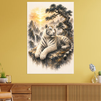 Toile Tigre blanc sous un pin ancien | Encre chinoise
