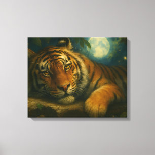 Toile Tigre d'aquarelle reposant dans la forêt nocturne