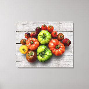 Toile Tomates rayées colorées sur la table Patinée