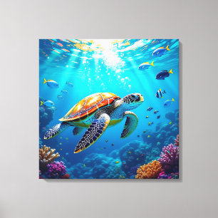 Toile Tortue de mer Scène sous-marine colorée et vibrant