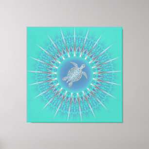 Toile Tortue Mandala Argent Turquoise Côtière