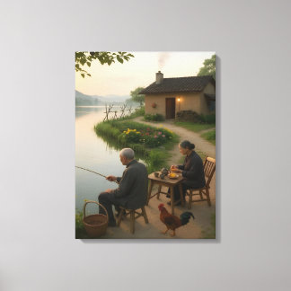 Toile Tranquil Village Morning by the Lake Wall Art