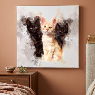 Toile Trio à l'aquarelle de mignons chatons noirs et ora