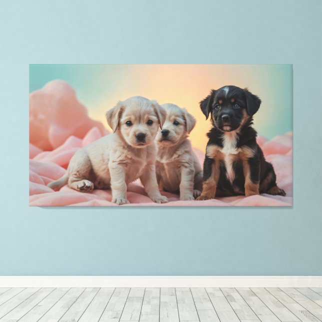 Toile Trois chiots ludiques reposant sur une couverture  (Insitu (Plancher de Bois))