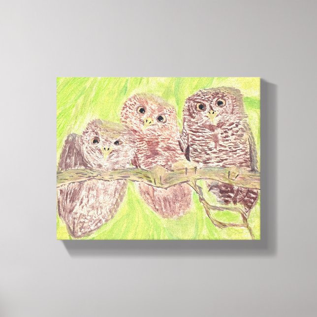 Toile Trois Petites Chouettes - peinture acrylique. (Recto)