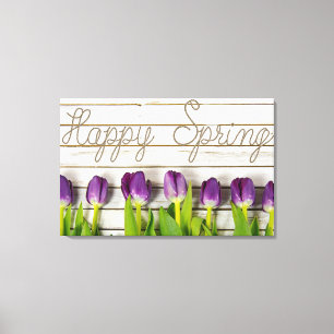 Toile tulipes à ressort violet sur bois blanc