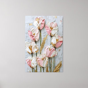 Toile Tulipes blanches et roses avec texture dorée abstr
