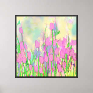 Toile Tulipes roses Tiges Feuilles et Ciel