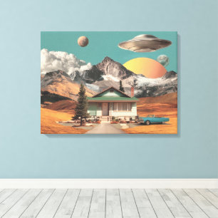 Toile UFO Surréaliste au-Dessus d'une Maison Rustique