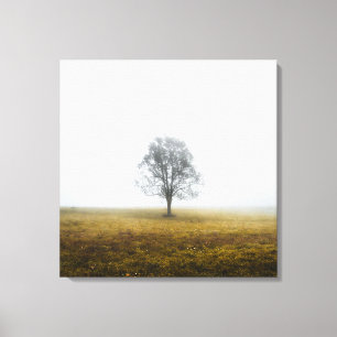 Toile Un arbre solitaire dans un matin d'automne brumeux