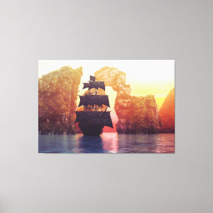 Toile Un bateau pirate au large d'une île au coucher du