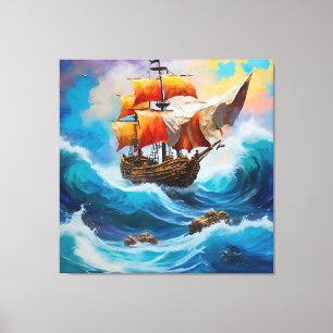 Toile Un bateau pirate piégé dans une vague d'eau