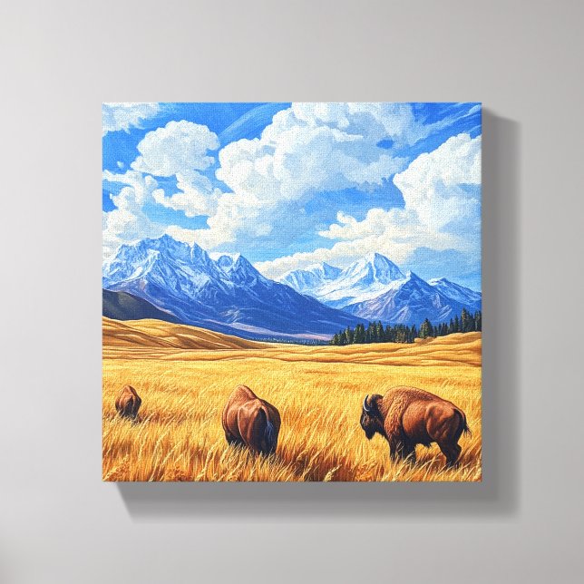Toile Un beau paysage avec deux bisons qui se promènent (Recto)