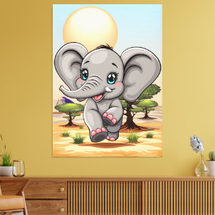 Toile Un bébé éléphant qui sonne heureux dans la savane