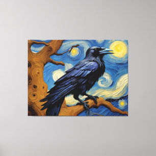 Toile Un Corbeau dans un vieux chêne La nuit étoilée