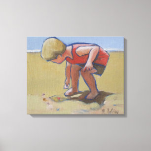 Toile Un garçon de plage qui trouve une coquille dans le