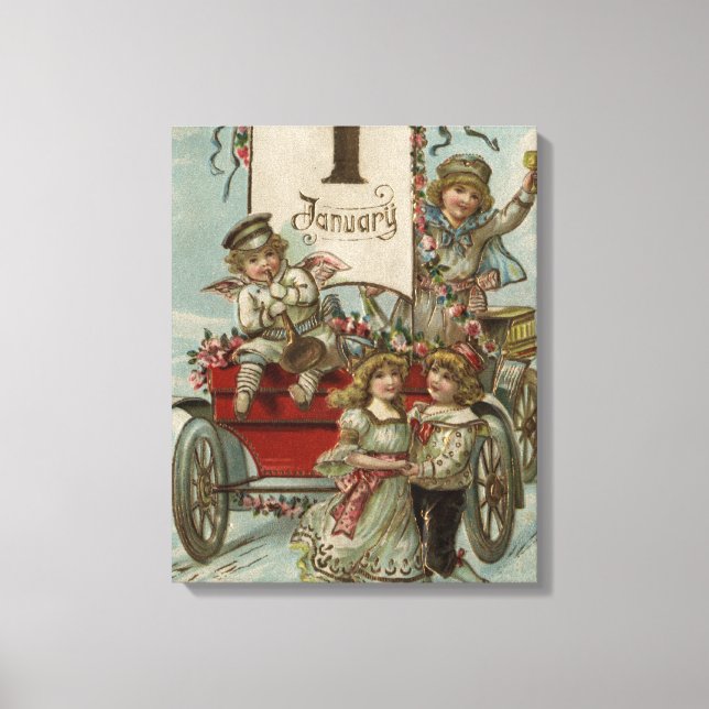 Toile Un joyeux Nouvel AnEnfants autour d'une Wagon Roug (Recto)