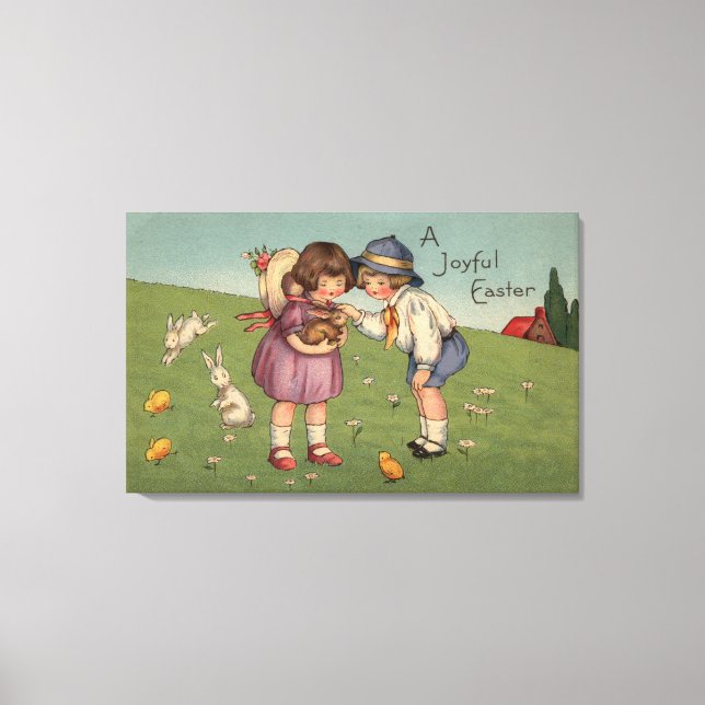 Toile Un Joyeux PâquesEnfants tenant un lapin (Recto)