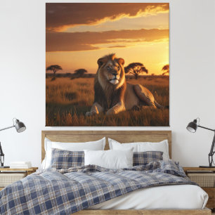 Toile Un lion majestueux qui s'allonge sur une savane he